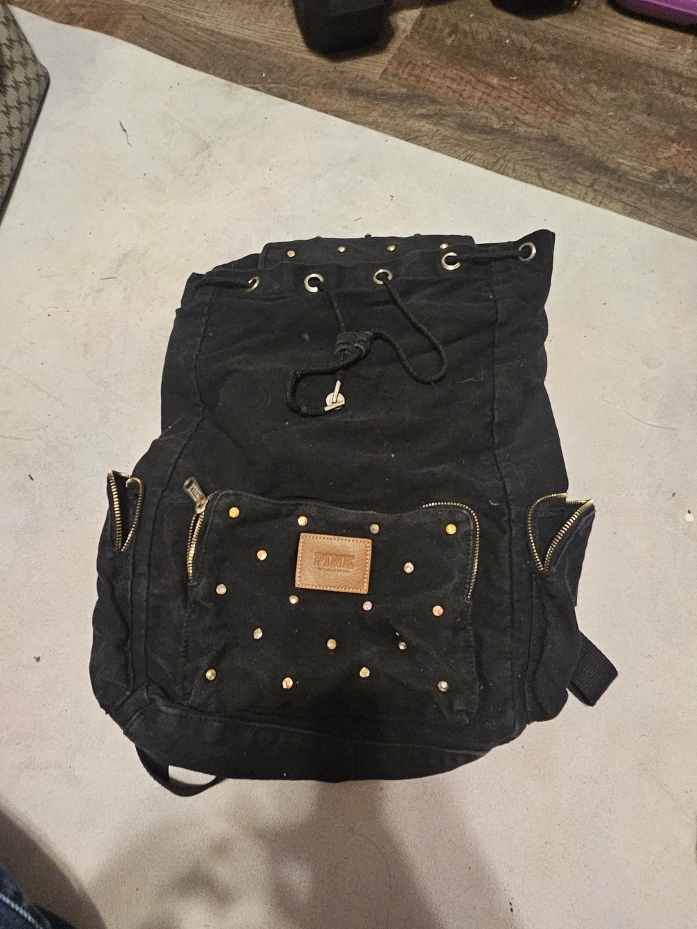 PINK Victoria's Secret Black Canvas Studded Drawstring Backpack